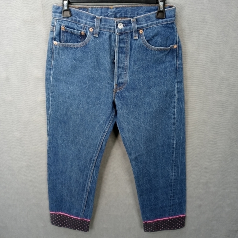 Levi's 501xx 3Palms women's blue jeans custom cuffs. Button fly. Tag 31x36. Actu